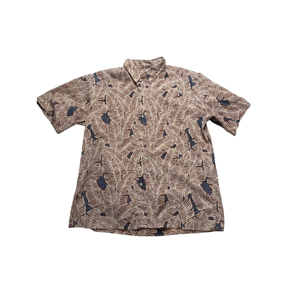 REYN SPOONER Shirt Brown Reverse Print Leaf Short Sleeve Men's Size XL Vacation